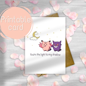 Tarjeta imprimible, tarjeta de cumpleaños, tarjeta de San Valentín, tarjeta de aniversario, tarjeta de felicitación de Gengar y Clefable, tarjeta de amor, descarga digital