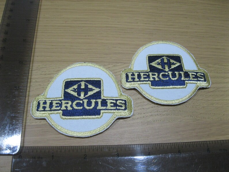 motorcycle badge vintage embroidered iron on sew on NR Pair Hercules blue white gold patches 1970s 1980s