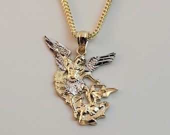 10K Gold St. Michael Necklace, Gold Saint Michael  Pendant and Chain, Christmas Gift