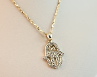 Hamsa Hand 10K Necklace, Hamsa Pendant with Gold Chain,Protector Charm Chain, Gift For Mom.