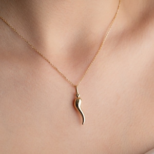 14K Gold Italian Horn Necklace: Cornicello Chili Pendant