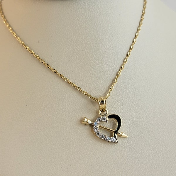 10K Gold Arrow Heart Necklace,Arrow and Heart Pendant with Chain,Mothers Day Gift,Love Gift,Valentine's Day Gift.