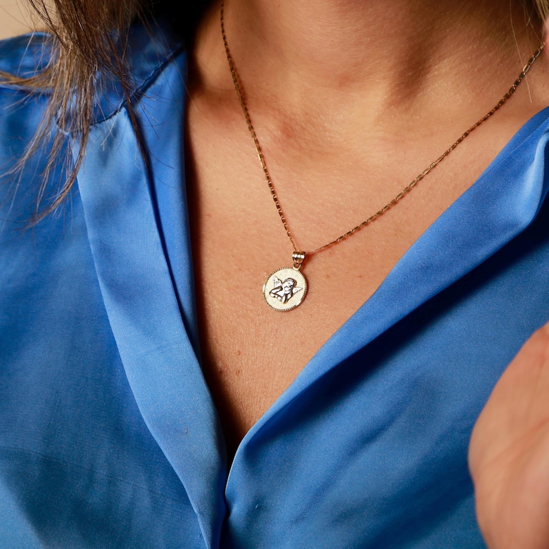 Gold Guardian Angel Necklace, 10K Baby Angel Pendant and Chain, Guardian Angel Medallion Charm Necklace, Gift For Mom.