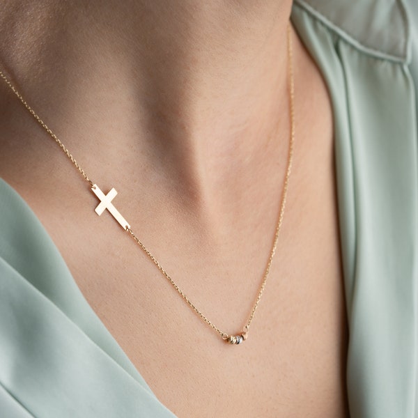 14K Bead Chain with Sideways Cross, Gold Dorica Balls Pendant with Cross,Multi balls Cross Necklace, Protection Charm, Mom Gift.