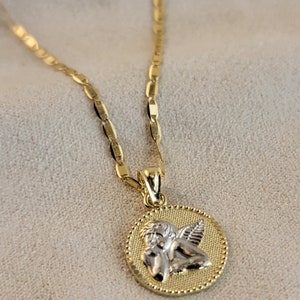 10K Gold Guardian Angel Necklace, Baby Angel Pendant and Chain,Guardian Angel Medallion Charm Necklace, Gift For Mom.