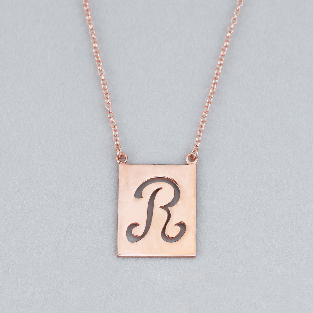 Letter Necklace on Square Pendant Silver Monogram Initial Etsy