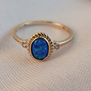 14K Gold Opal Ring: Blue & White Gemstone, Handmade Jewelry