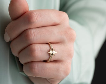 14K Gold North Star Ring, Pole Star Ring, Northern Star Ring, Celestial Ring, Gift For Mom.