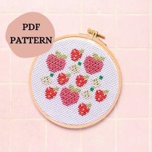 Strawberry Summer Cross Stitch Pattern, Beginner friendly instant download. Cute, easy, girlie cross stitch pattern. Pink & red fruit theme