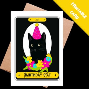 Carte de tarot chat d'anniversaire, carte d'anniversaire chat noir, style carte de tarot, anniversaire sorcière astrologie | Téléchargement instantané, imprimez-le vous-même !