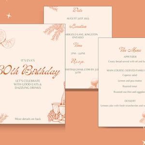 Faire-part à dîner sur le thème de l'été italien, menu du dîner, Faire-part de fête d'anniversaire citron, modèle modifiable disponible instantanément