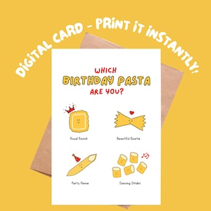 Pasta Themed Birthday Card | Hand Drawn, Printable Instantly! Pasta, macaroni, foodie card. Birthday card for boyfriend, girlfriend, friend