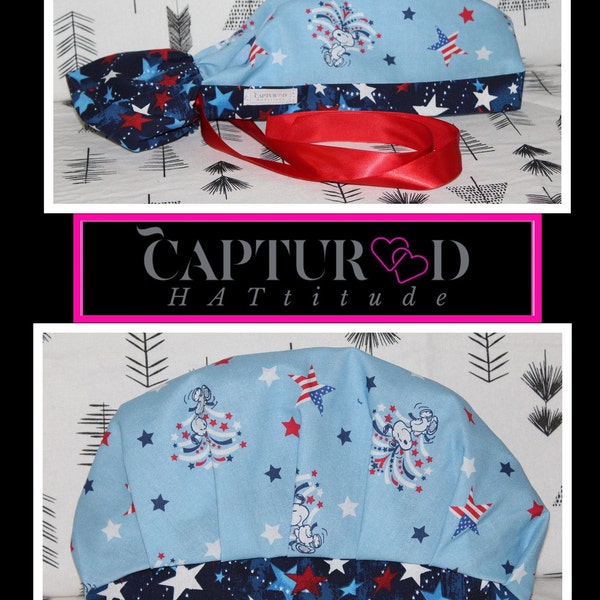 Patriotic USA Fireworks Scrub Caps, Scrub Hat, Men's & Women's Tie Back Skull Cap Bouffant, Ponytail, Cotton Surgical Hats (2 styles)