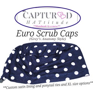 Navy Polka Dot Euro Scrub Cap Surgical Hat| Soft, Cotton Blend| Satin Lining, Ponytail Tie Options| Adjustable Sizing, Cord Lock| XL Sizing