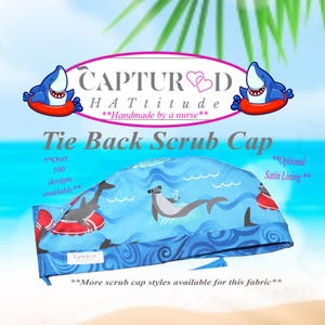 Mens Shark Scrub Cap Tie Back Unisex Surgical Hat| Onesize Adjustable Handmade Ties| Custom Satin Lining Option| Summer Shark Lagoon