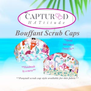 Mermaid Sparkle Scrub Cap Bouffant Surgical Hat| One Size, Elastic, Adjustable Cord Lock| Satin Lining, Ponytail Tie Options| Under The Sea