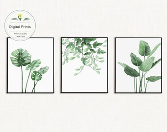 Set of 3 Botanical Prints, Tropical Leaf Prints,Eucalyptus Prints,Watercolor Plants, Hanging Plants Prints,Green Leaf Prints,Greenery Poster