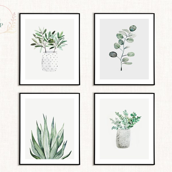 Set of 4 Botanical Prints, Eucalyptus Prints, Green Plant Print, Plants in Pot,Green Leaf Print,Greenery Minimalist Art,Botanic Poster Print