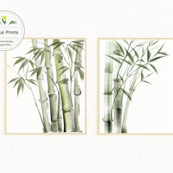 Set of 2 Bamboo Prints,Ink Wash Botanical Print,Chinese Ink Painting Wall Art,Bamboo Plant Print,Greenery Art,Asian Floral & Botanical Print