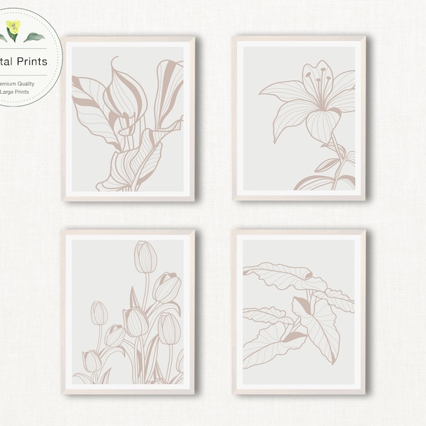 Set of 4 Abstract Boho Plant Print, Boho Botanical Print,Botanical Wall Art,Earth Tone Neutral Color Floral and Botanical Printable Wall Art