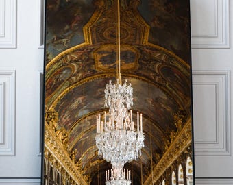 Lámina con araña de cristal de Versalles: Salón de los Espejos, decoración francesa para el hogar.
