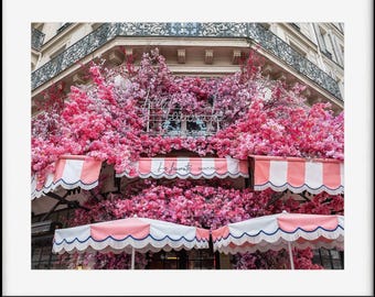 Pink Paris Cafe Print, La Favorite Parisian Cafe, French Restaurant, Travel Photography, Girly Wall Decor, Floral Cafe Wall Art for Kitchen