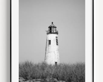 Black and White Nantucket Print, Great Point Lighthouse, Beach Photography, Coastal New England Decor, Nautical Wall Art for Living Room