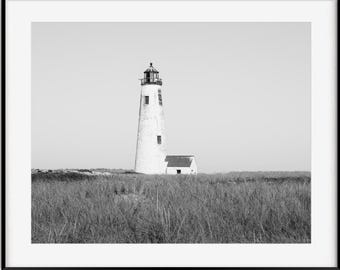 Schwarz-Weiß-Druck von Nantucket, Leuchtturm Great Point, Strandfotografie, Küsten-Neuengland-Dekor, maritime Wandkunst fürs Wohnzimmer