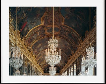 Impresión de la lámpara de araña del Palacio de Versalles, fotografía de París, Salón de los Espejos, decoración francesa para el hogar, arte mural grande para la entrada o la sala de estar.