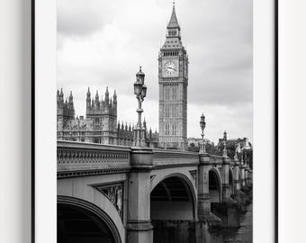 Big Ben Poster, Westminster Bridge, Black and White London Photography, Travel Poster, England Wall Decor, Architecture Print Large Wall Art
