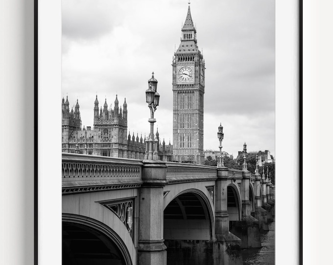 Big Ben Poster, Westminster Bridge, Black and White London Photography, Travel Poster, England Wall Decor, Architecture Print Large Wall Art