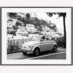 Amalfi Coast Digital Download, Black and White Fiat Italian Car Printable, Italian Riviera Photography, Italy Wall Decor for Living Room