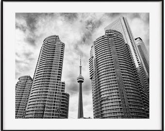 CN Tower Print, Toronto Skyline Poster, Ontario Canada Photography, Cityscape, Black and White Architecture, Large Wall Art, Home Decor