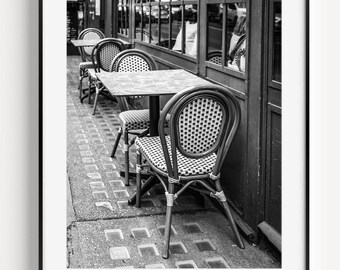 Paris Cafe Print, Black and White Paris Photography, French Cafe Bistro Chair Wall Art for Modern Kitchen, Dining Room or Restaurant