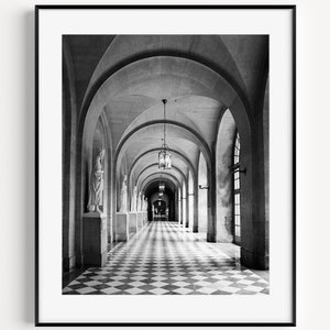 Palace of Versailles Print, Paris Travel Poster, Black and White French Photography, Large Wall Art, Versailles Hallway Photo