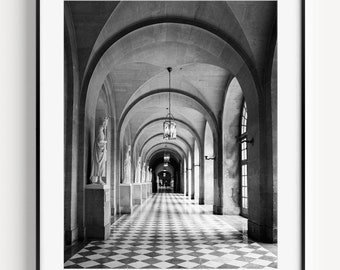 Palace of Versailles Print, Paris Travel Poster, Black and White French Photography, Large Wall Art, Versailles Hallway Photo