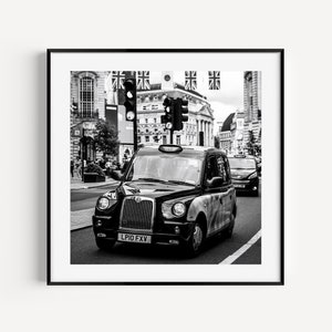 Square black and white London taxi cab photography print