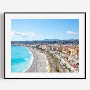 Fotografía de la Costa Azul, póster de viaje de Niza, Francia, impresión de la Riviera Francesa, Paseo de los Ingleses, arte mural costero, costa francesa, impresión de playa