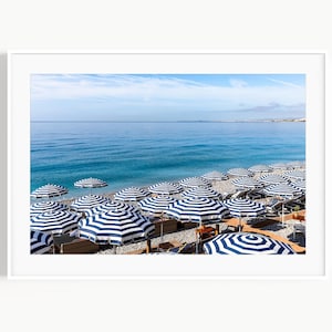 Blue and White Striped Beach Umbrellas, Aerial Beach Umbrella Wall Art, Nice France Cote dAzur Gift, Beach Photography, Coastal Wall Decor