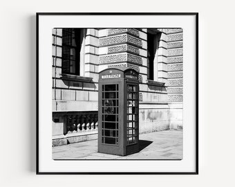 English Phone Booth, Telephone Booth, Black and White London 12X12 Print, Minimalist Wall Art, Travel Poster, Square Gallery Wall Art