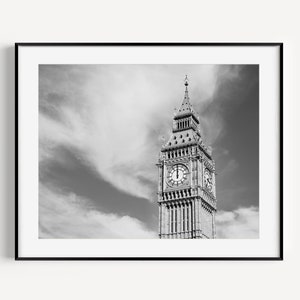 Photographie noir et blanc à Londres, impression Big Ben, cadeau de voyage à Londres, art mural britannique, décoration murale minimaliste pour bureau pour salon