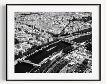 Black and White Paris Skyline Print, Seine River, French Travel Photography, Paris Cityscape, Large Wall Art for Living Room or Gallery Wall