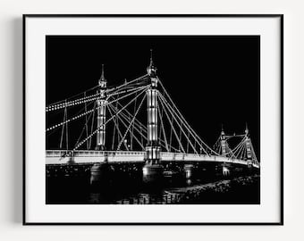 Albert Bridge Illuminated, Black and White London Travel Photography Print, Chelsea Battersea Park, Wall Art for Office Decor or Living Room