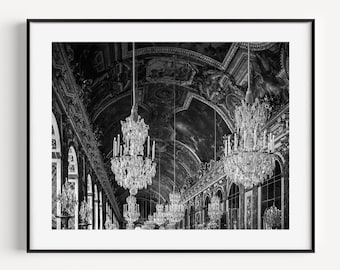 Black and White Palace of Versailles Hall of Mirrors, Paris Photography, Glam Wall Art, Versailles Wall Art, Glam Home Decor, Chandelier