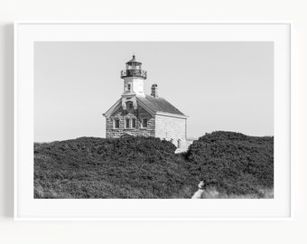 Impresión del faro de Block Island, fotografía de playa en blanco y negro, decoración de pared costera de Nueva Inglaterra, arte de pared de Rhode Island para casa de playa