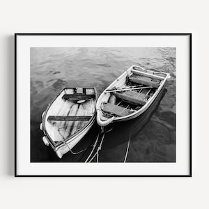 Black and White Wooden Boat Print: Coastal Nautical Wall Art