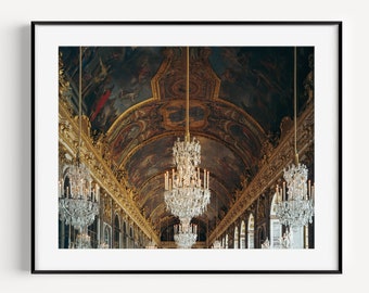 Palace of Versailles Spiegelhallen Kronleuchter Paris Fotografie Druck, Glam French Wall Decor, große Wandkunst für Diele oder Wohnzimmer