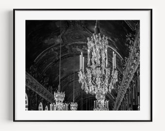 Black and White Chandelier Hall of Mirrors Palace of Versailles Glam Wall Decor, Paris Photography, French Home Decor, Wall Art for Entryway