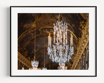 Impresión de araña, Salón de los Espejos, fotografía de viaje del Palacio de Versalles, arte de pared dorado, gran decoración de pared glamurosa para la entrada o la habitación de una niña.