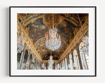 Impresión de araña dorada, Salón de los Espejos del Palacio de Versalles, fotografía de París, decoración de pared francesa, arte mural glamuroso para la entrada o la sala de estar.